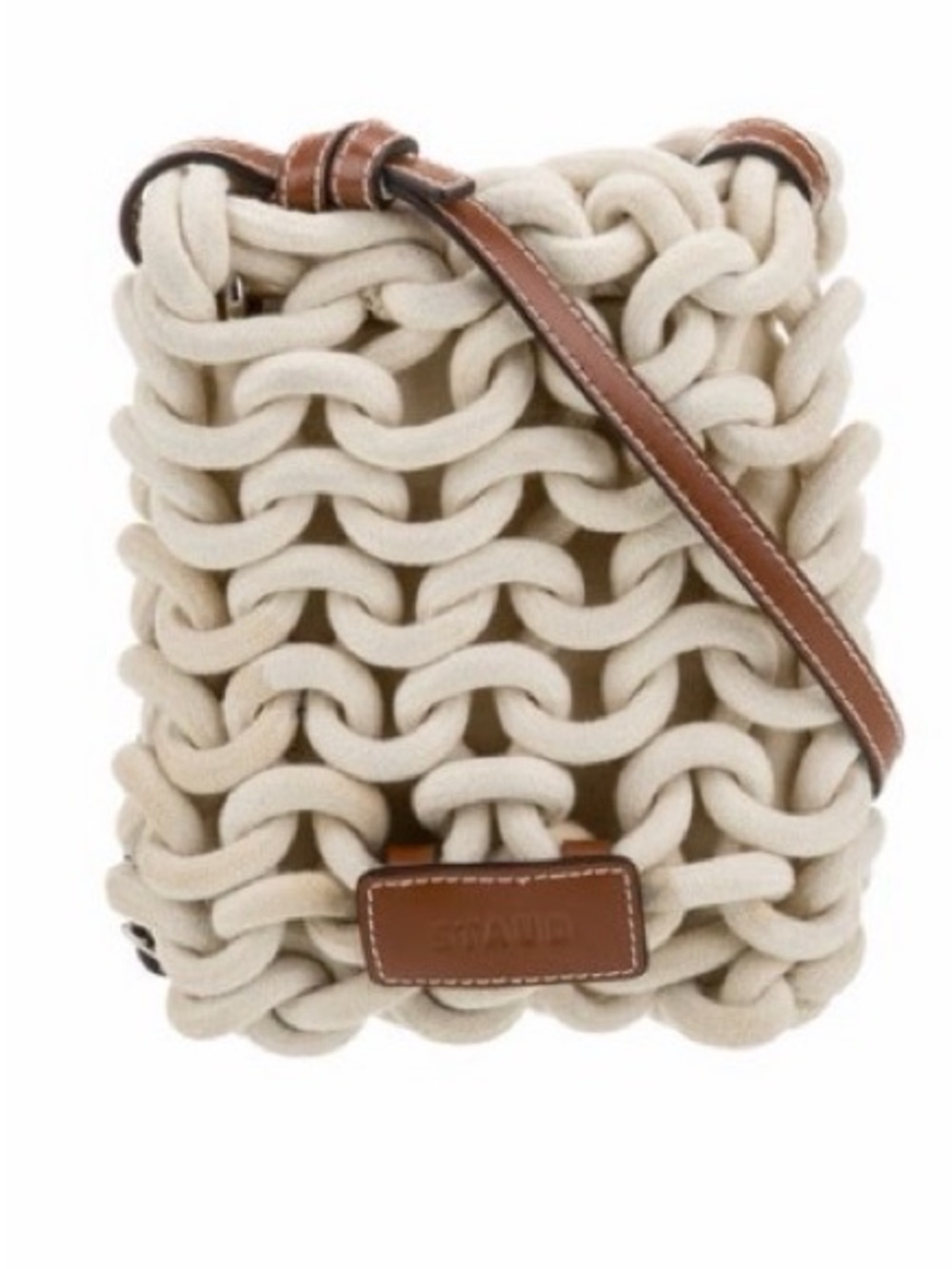 STAUD Cream Woven Crossbody with Brown Leather Strap